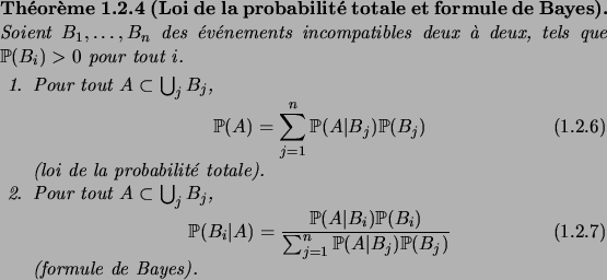 \begin{theorem}[Loi de la probabilit\'e totale et formule de Bayes]
Soient $B_1,...
...A\vert B_j) \fP(B_j)}
\end{equation}(formule de Bayes).
\end{enum}\end{theorem}