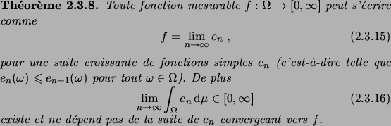\begin{theorem}
Toute fonction mesurable $f: \Omega\to[0,\infty]$\ peut s'\'ecri...
...te et ne d\'epend pas de la suite de $e_n$\ convergeant vers $f$.
\end{theorem}